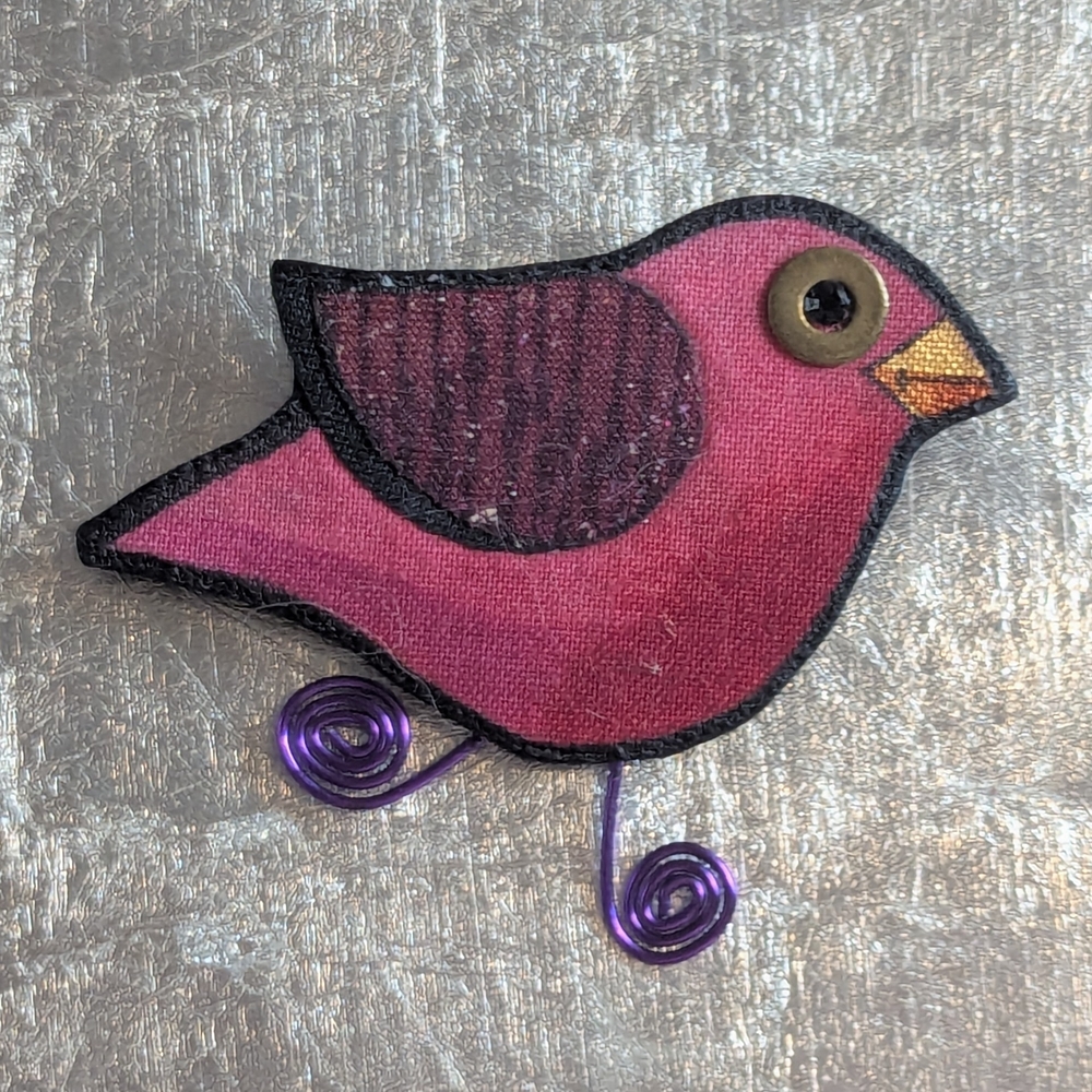 Artisan Hand Crafted Bird Brooch Whimsical Wire Legs